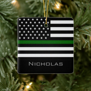 Personalized Thin Green Line Flag Ceramic Ornament
