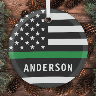 Personalized Thin Green Line Military Christmas Glass Tree Decoration