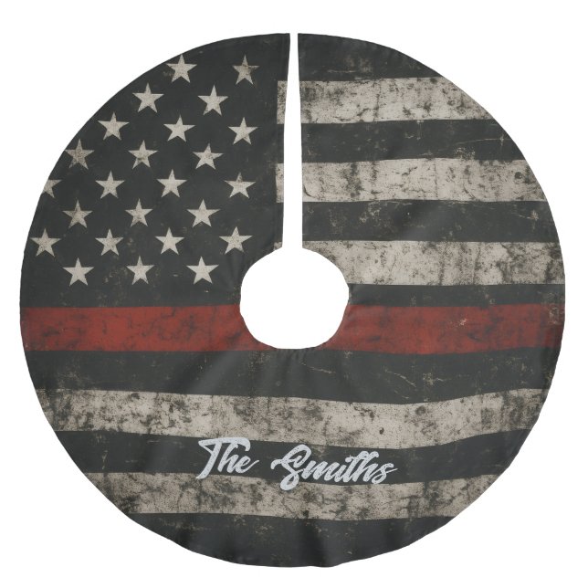 Personalized Thin Red Line American Flag Brushed Polyester Tree Skirt (Front)