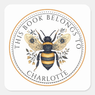 Personalized This Book Belongs To Floral Bee Square Sticker