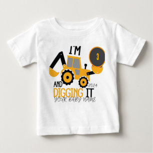    ﻿Personalized Three  3rd Birthday Construction  Baby T-Shirt
