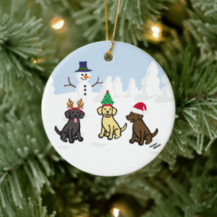 Personalized Three Labradors and Snowman Ceramic Ornament