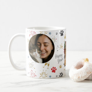 Personalized Three-Photo New Year's Pet Paw Print Coffee Mug