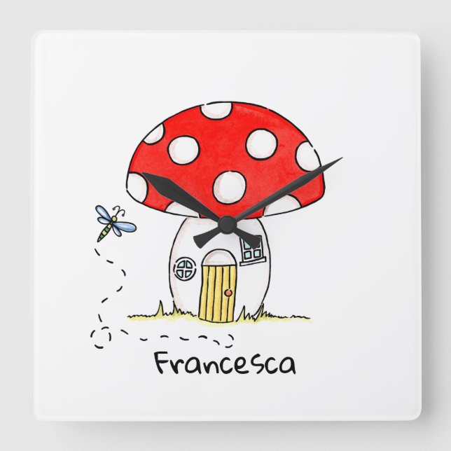 Personalized Toadstool & Dragonfly Square Wall Clock (Front)