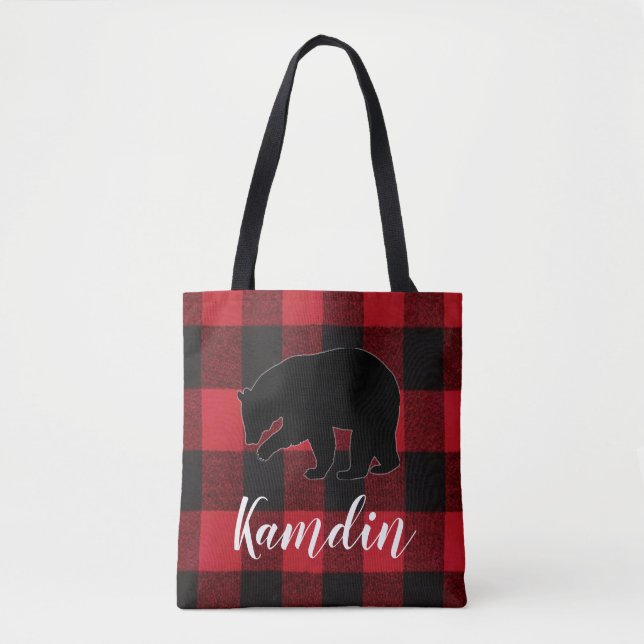 Personalized Tote Bag Red Buffalo Plaid Bear Black (Front)