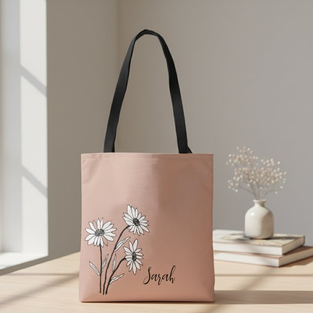 Personalized Tote Bag with White and Black Daisies (Creator Uploaded)