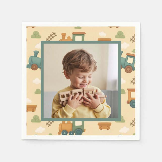Personalized Train Birthday Photo Napkin (Front)