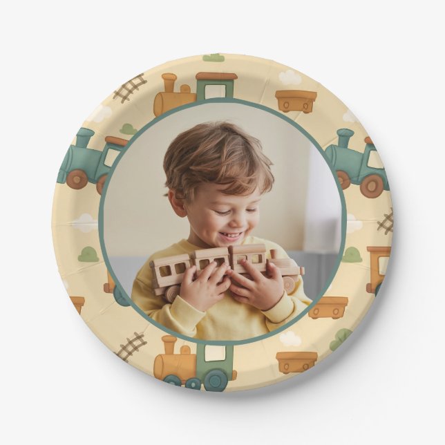 Personalized Train Birthday Photo Party Paper Plate (Front)