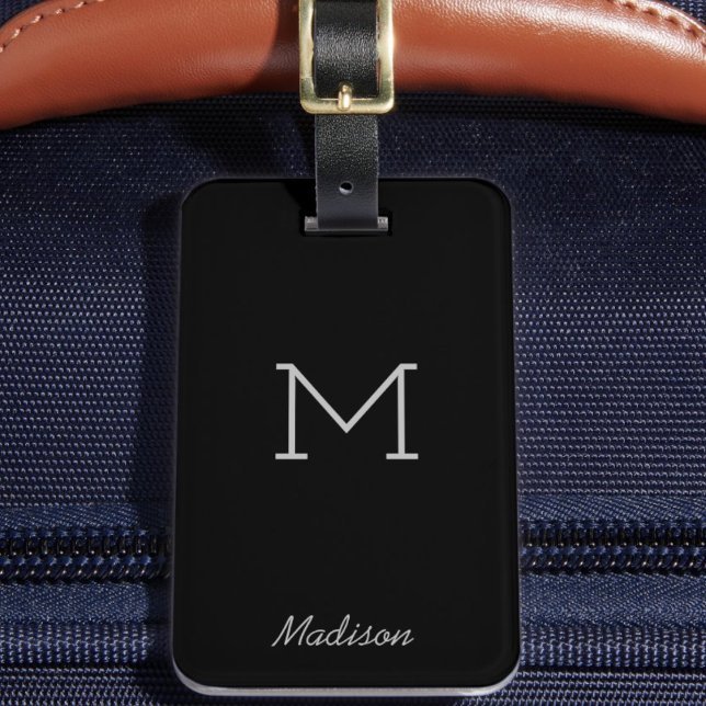 Personalized Trendy Monogram Black Grey Custom Luggage Tag ("Everyday is abundantly beautiful." 
Sincerely Best Wishes from Lucky Design World)