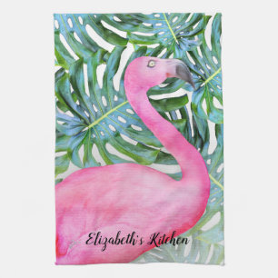 Personalized Trendy Pink Flamingo Tropical Leaves Tea Towel