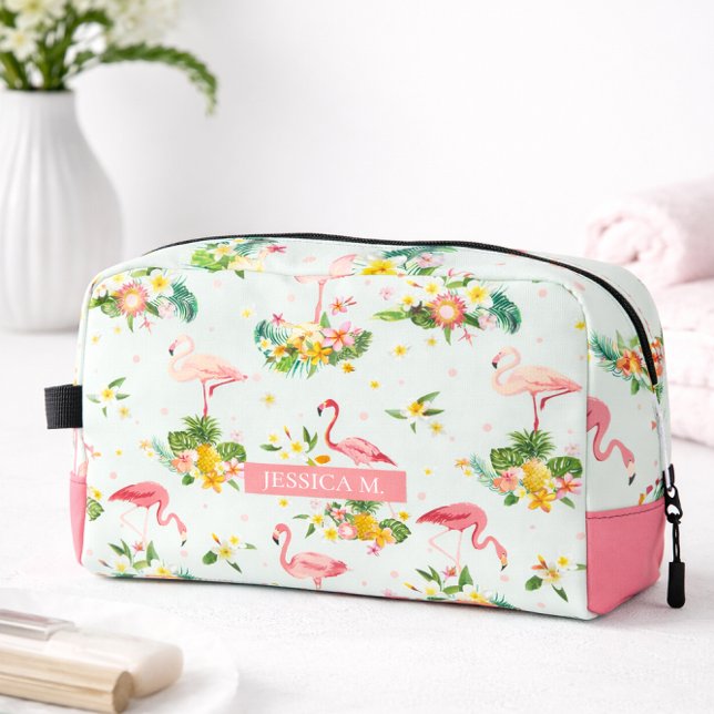 Personalized Tropical Flamingo Pink Beach Vibes Dopp Kit (Turn your daily routine into a tropical escape with this vibrant and personalized flamingo dopp kit.)