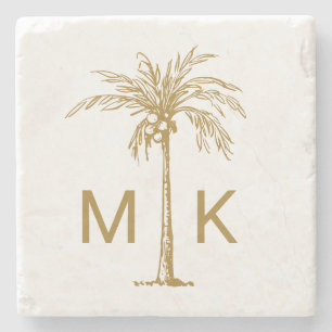 Personalized Tropical Gold Palm Tree Monogram Stone Coaster