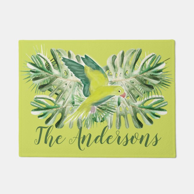 Personalized Tropical Green Parrot Lime Green Doormat (Front)