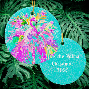 Personalized Tropical Palm Tree Flamngo Christmas Ceramic Ornament