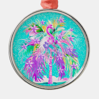 Personalized Tropical Palm Tree Flamngo Christmas Metal Ornament