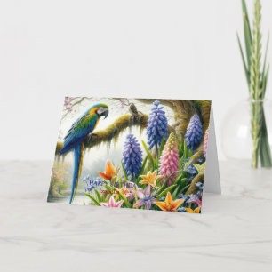Personalized Tropical Parrot Birthday Card with Fl