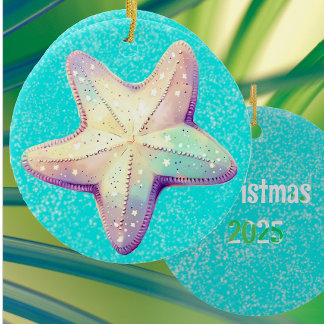 Personalized Tropical Starfish Christmas Holiday Ceramic Ornament