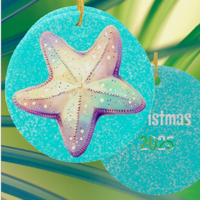 Personalized Tropical Starfish Christmas Holiday  Ceramic Ornament (Personalize the back!)