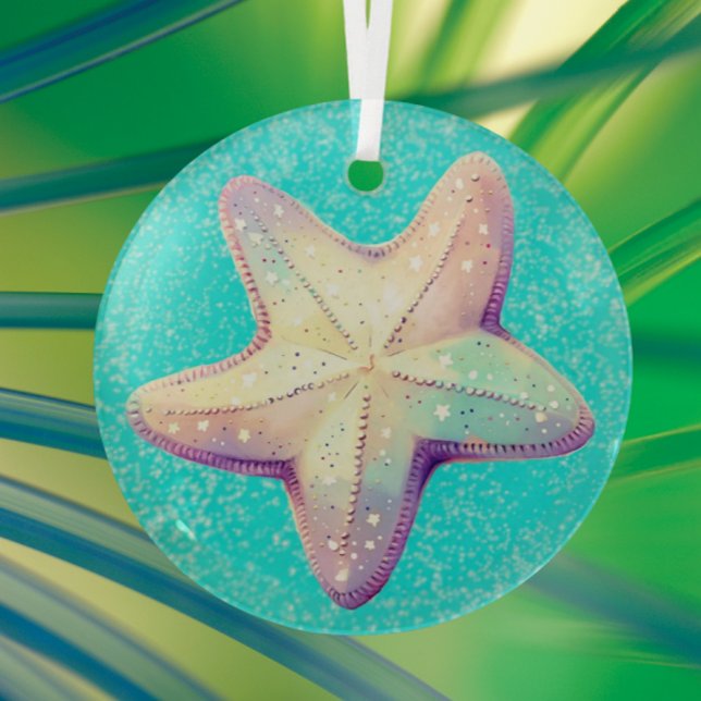 Personalized Tropical Starfish Christmas Holiday  Glass Tree Decoration (So pretty on your tropical Christmas tree! Nice stocking stuffer or hostess gift.)