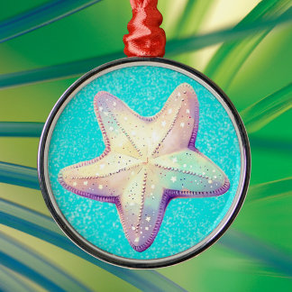 Personalized Tropical Starfish Christmas Holiday Metal Ornament