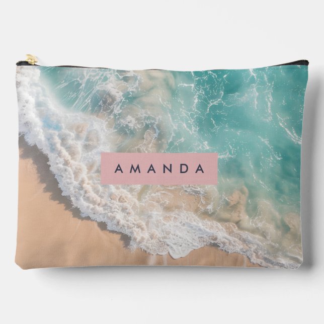 Personalized Turquoise Ocean Wave Beach Accessory Pouch (Front)
