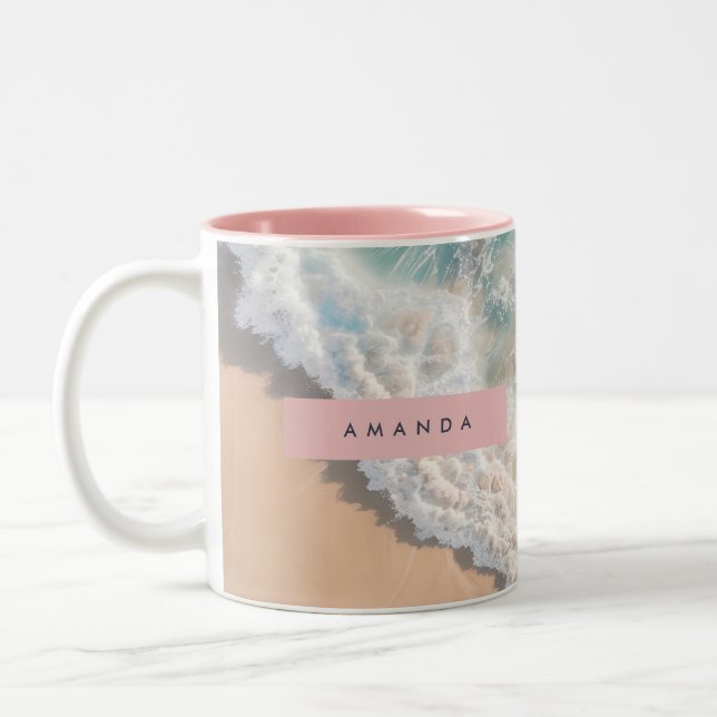 Personalized Turquoise Ocean Wave Beach Two-Tone Coffee Mug (Left)