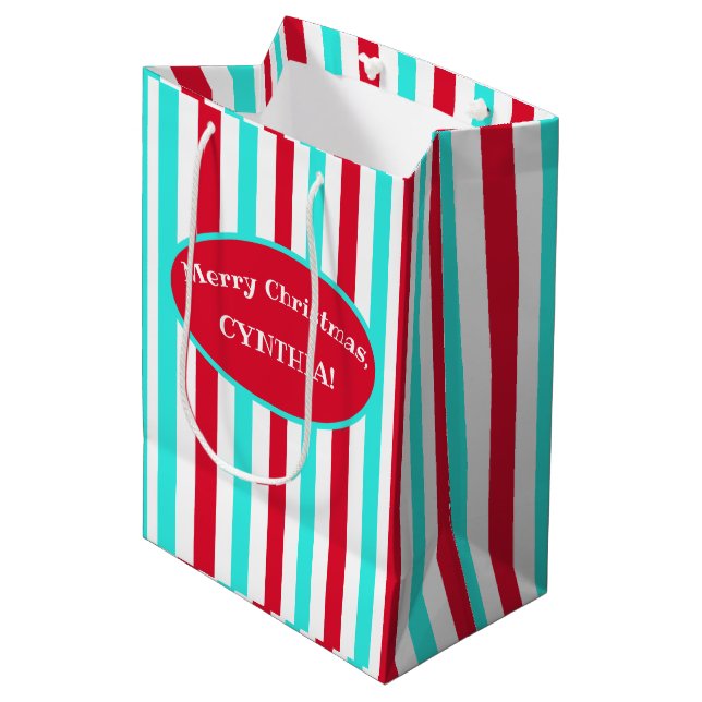 Personalized Turquoise Red and White Gift Bag (Front Angled)