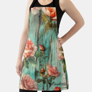 Personalized Turquoise Wood & Vintage Rose Apron