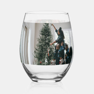 Personalized Two Sided Family Christmas Photo Stemless Wine Glass