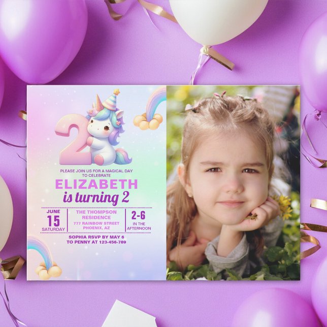 Personalized Unicorn 2nd Birthday Photo Invitation (Creator Uploaded)