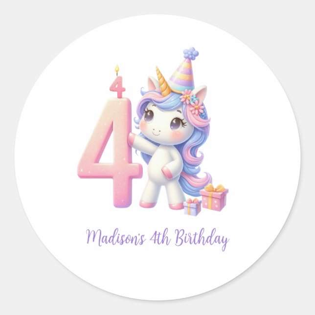 Personalized Unicorn 4th Fourth Girls Birthday  Classic Round Sticker (Front)
