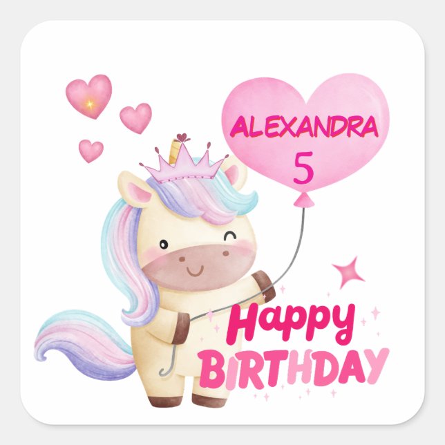 Personalized Unicorn Birthday Square Sticker (Front)