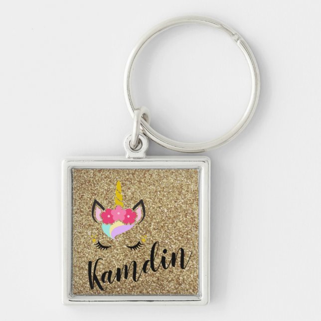 Personalized Unicorn Gold Glitter Key Chain (Front)