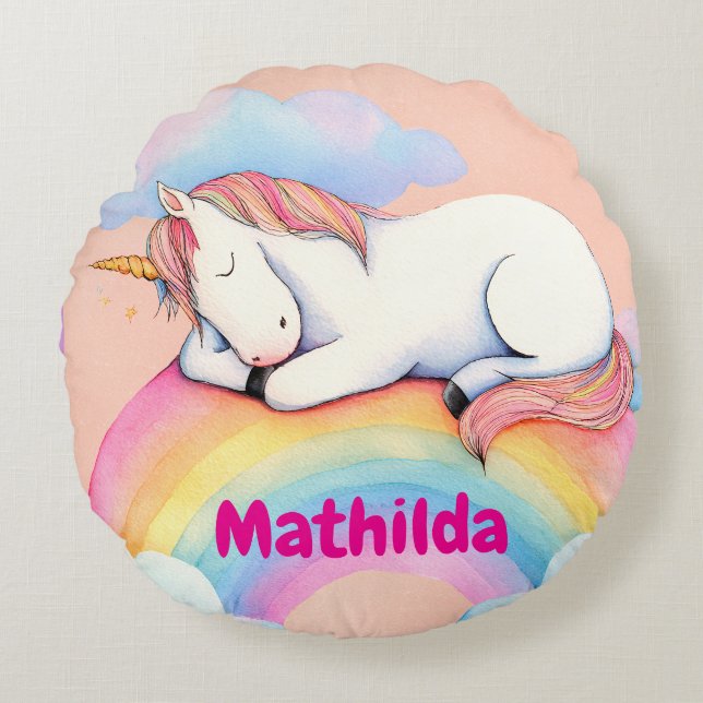 Personalized Unicorn Pillow, Watercolors,  Round Cushion (Front)