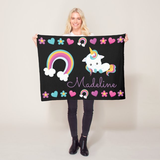 Personalized Unicorn & Rainbow Fleece Blanket (In Situ)