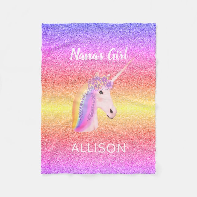 Personalized Unicorn Rainbow Glitter Nanas Girl Fleece Blanket (Front)