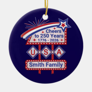Personalized USA 250–Patriotic Retro Marquee Ceramic Ornament