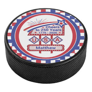 Personalized USA 250–Patriotic Retro Marquee Hockey Puck