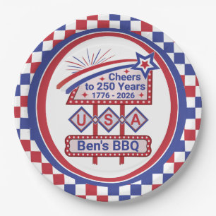 Personalized USA 250–Patriotic Retro Marquee Paper Plate