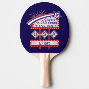 Personalized USA 250–Patriotic Retro Marquee Ping Pong Paddle