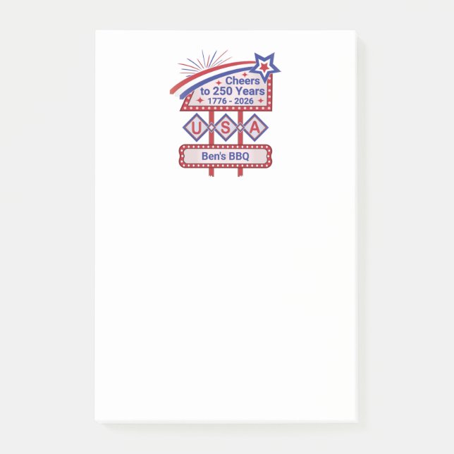 Personalized USA 250–Patriotic Retro Marquee Post-it Notes (Front)