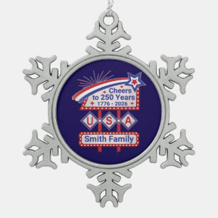 Personalized USA 250–Patriotic Retro Marquee Snowflake Pewter Christmas Ornament