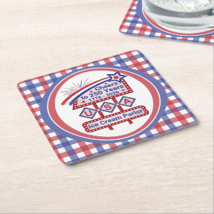 Personalized USA 250–Patriotic Retro Marquee Square Paper Coaster