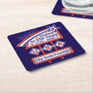 Personalized USA 250–Patriotic Retro Marquee Square Paper Coaster