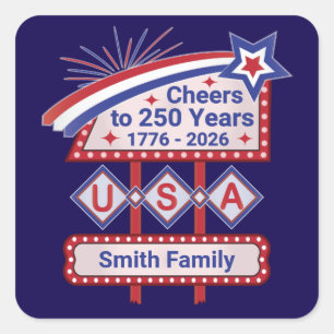 Personalized USA 250–Patriotic Retro Marquee Square Sticker