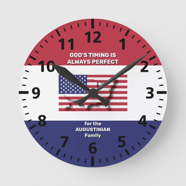 Personalized USA FLAG MAP Gods Timing Christian Round Clock (Front)