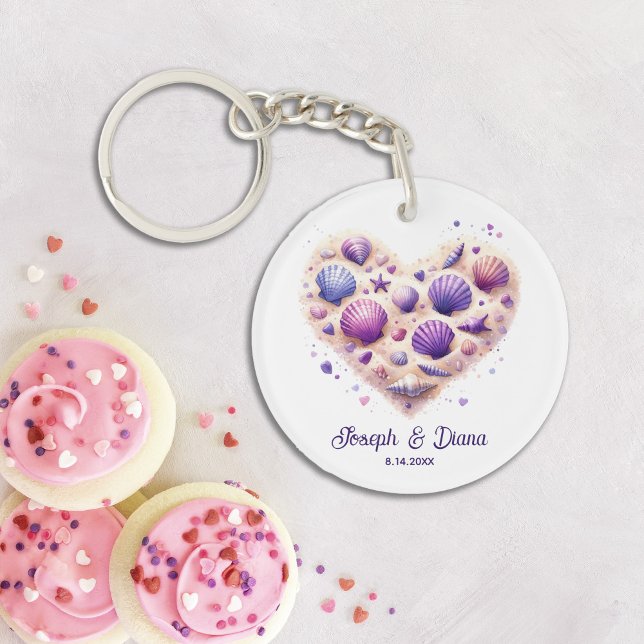 Personalized Valentine Anniversary Seashell Heart Key Ring (beach lovers seashell heart valentines anniversary gift keychain)