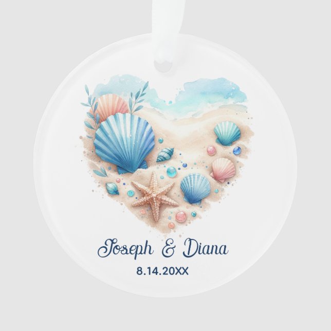 Personalized Valentine Anniversary Seashell Heart Ornament (Front)