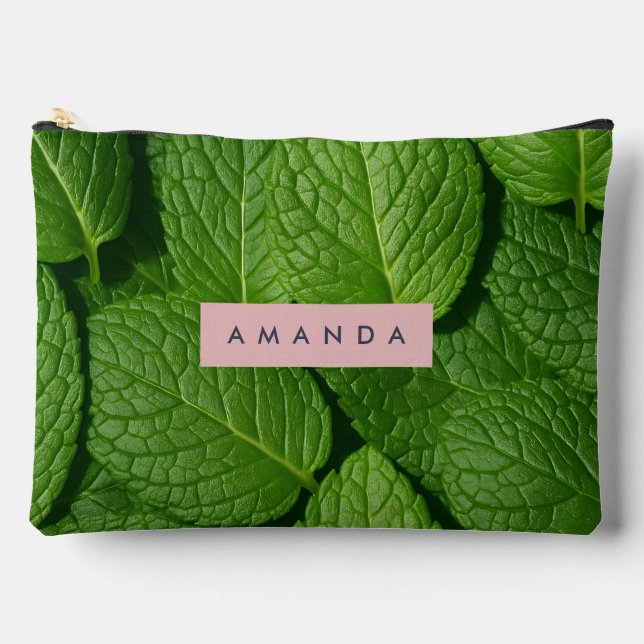 Personalized Vibrant Green Fresh Mint Leaf  Accessory Pouch (Front)