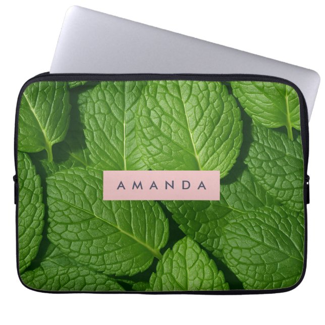 Personalized Vibrant Green Fresh Mint Leaf  Laptop Sleeve (Front)